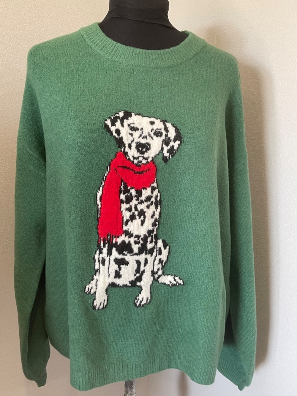 NEW! Dalmatian Christmas Dog Crew Sweater Green Large Wondershop Holiday Womens